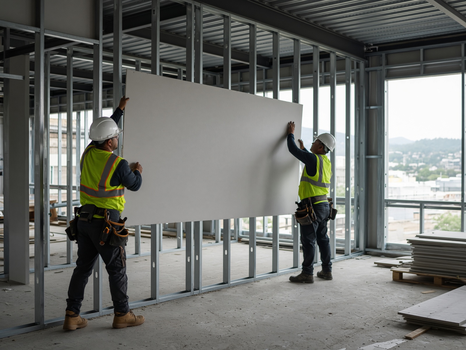 Crew hanging drywall